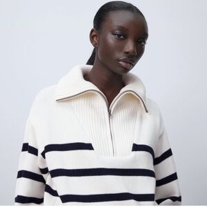 Zara Quarter Zip Striped oversize  Sweater Black and Whitish Taupe Size Medium